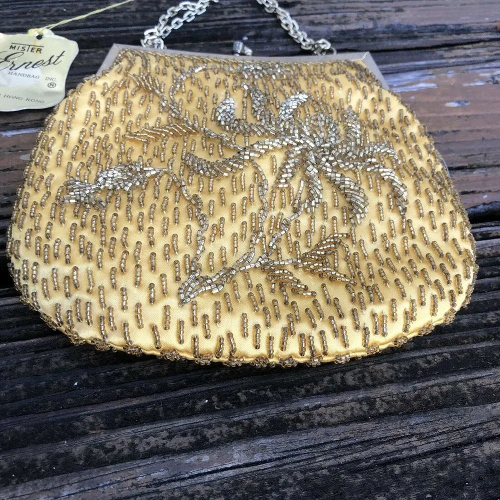 Mister Ernest Gold Floral Beaded Purse Evening Bag Vintage 50s 60s Hong Kong